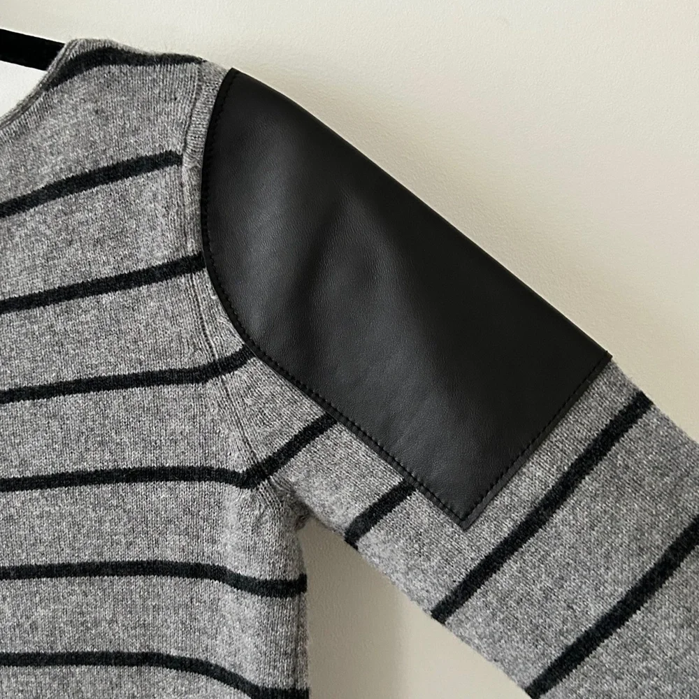 Woolly Minded Wool Cashmere Gray Striped Leather Shoulder Patch Crewneck Sweater